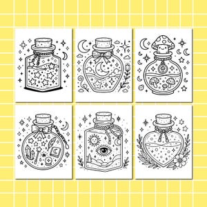 May include: Six black and white illustrations of potion bottles with various celestial and natural elements. Each bottle has a cork stopper and is filled with stars, moons, mushrooms, and other whimsical designs. The background is a yellow grid.
