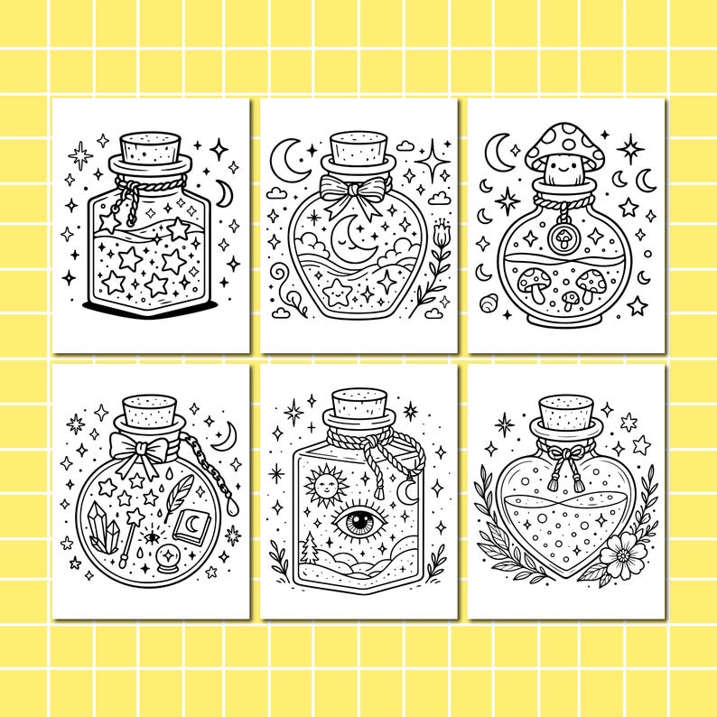 May include: Six black and white illustrations of potion bottles with various celestial and natural elements. Each bottle has a cork stopper and is filled with stars, moons, mushrooms, and other whimsical designs. The background is a yellow grid.
