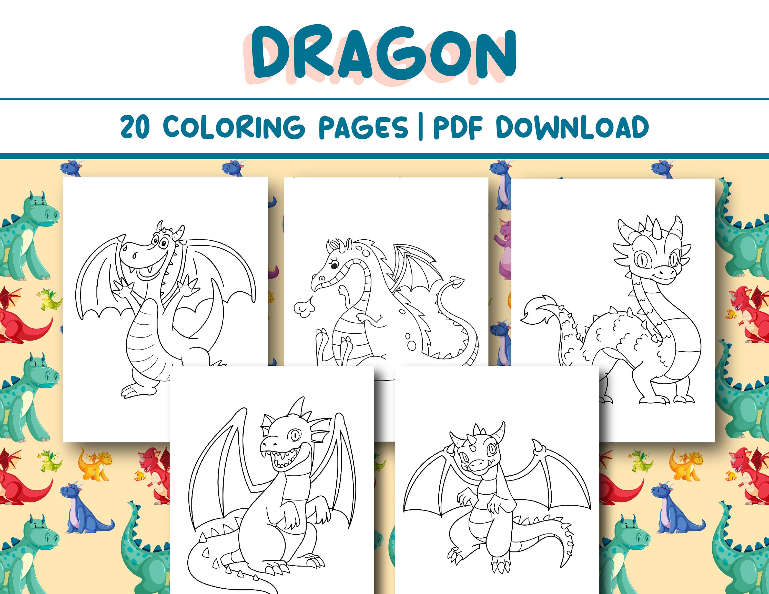 Kids Coloring Page: Dragon Coloring Page, 20 Pages Coloring Book for Kids DIGITAL DOWNLOAD
