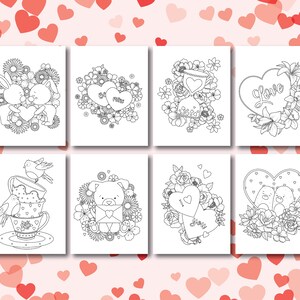 May include: Eight black and white colouring pages featuring cute animals and hearts with floral designs. The pages include a bunny couple, a bear holding a letter, a bird in a teacup, and a heart with the word "Love" on it.