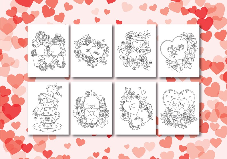 May include: Eight black and white colouring pages featuring cute animals and hearts with floral designs. The pages include a bunny couple, a bear holding a letter, a bird in a teacup, and a heart with the word "Love" on it.