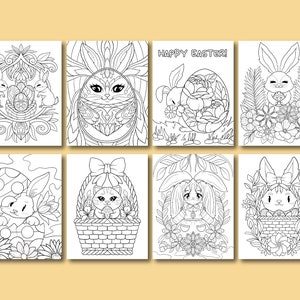 May include: Eight black and white coloring pages featuring Easter-themed illustrations of bunnies, cats, and eggs. The illustrations are detailed and intricate, perfect for adults and children who enjoy coloring.