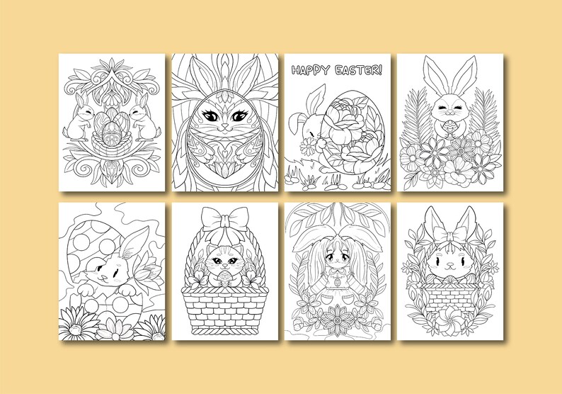 May include: Eight black and white coloring pages featuring Easter-themed illustrations of bunnies, cats, and eggs. The illustrations are detailed and intricate, perfect for adults and children who enjoy coloring.