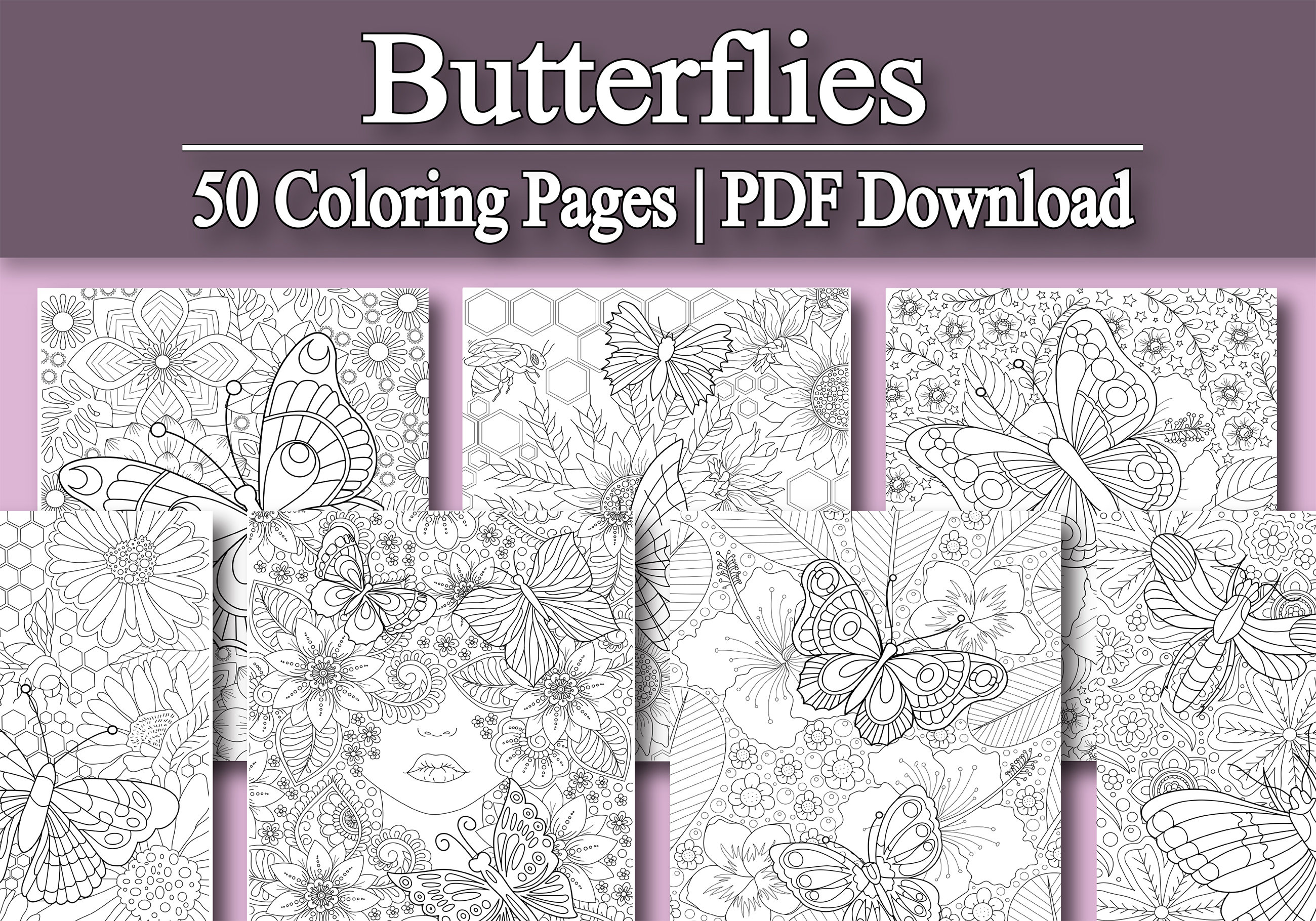 Livre de coloriage pour adultes : pages à colorier de papillons | 50 pages à colorier numériques (imprimables, téléchargement PDF)