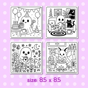 May include: Four black and white square illustrations featuring cute ghosts in various scenes. One shows a ghost at a birthday party, another reading, a third gardening, and the last one cooking. The text "size: 8.5 x 8.5" is at the bottom.