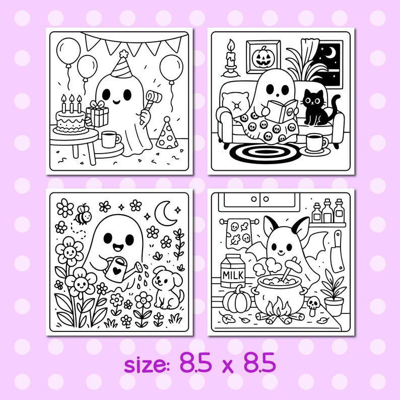 May include: Four black and white square illustrations featuring cute ghosts in various scenes. One shows a ghost at a birthday party, another reading, a third gardening, and the last one cooking. The text "size: 8.5 x 8.5" is at the bottom.