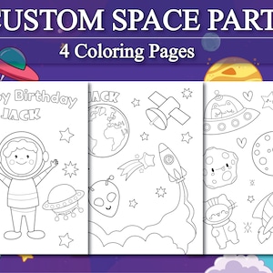 Individuell gestaltete Weltraum Geburtstagsparty Malseiten, Personalisierte Space Party Malseiten, Space Themed Party Malseiten