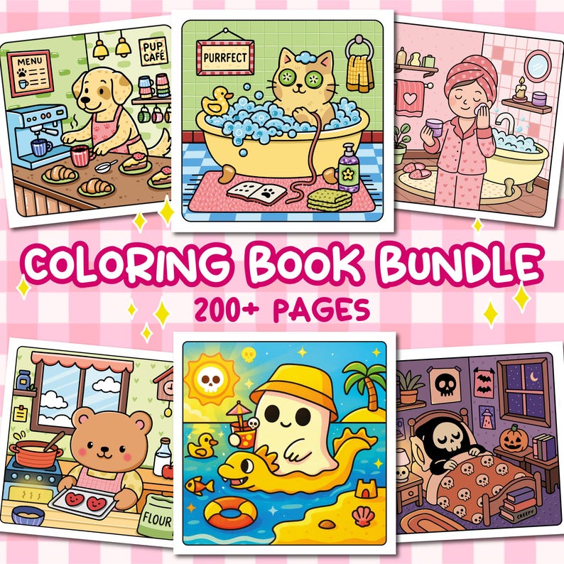 May include: A coloring book bundle with six illustrated scenes. The scenes include a dog in a cafe, a cat in a bathtub, a person doing skincare, a bear cooking, a ghost on a float, and a skeleton in bed. The text "COLORING BOOK BUNDLE" and "200+ PAGES" is displayed.