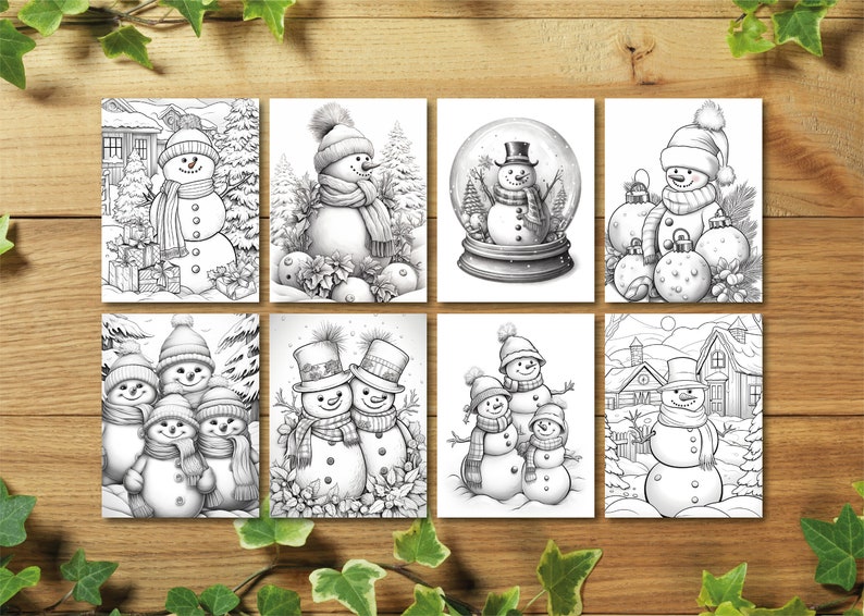 K&ouml;nnte beinhalten: Acht Schwarzwei&szlig;illustrationen von Schneem&auml;nnern in verschiedenen Winterszenen. Die Schneem&auml;nner tragen H&uuml;te und Schals. Einige Schneem&auml;nner halten Ornamente oder befinden sich in Schneekugeln.