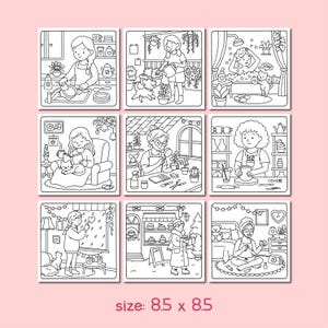 May include: Nine-panel colouring book page set with line art illustrations of various cosy scenes. Each panel depicts a different activity, such as cooking, gardening, reading, and relaxing. The text "size: 8.5 x 8.5" is at the bottom.