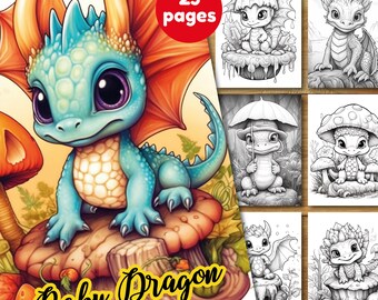 Baby Dragon Coloring Book: 25 Fantasy Grayscale Pages (Printable PDF)