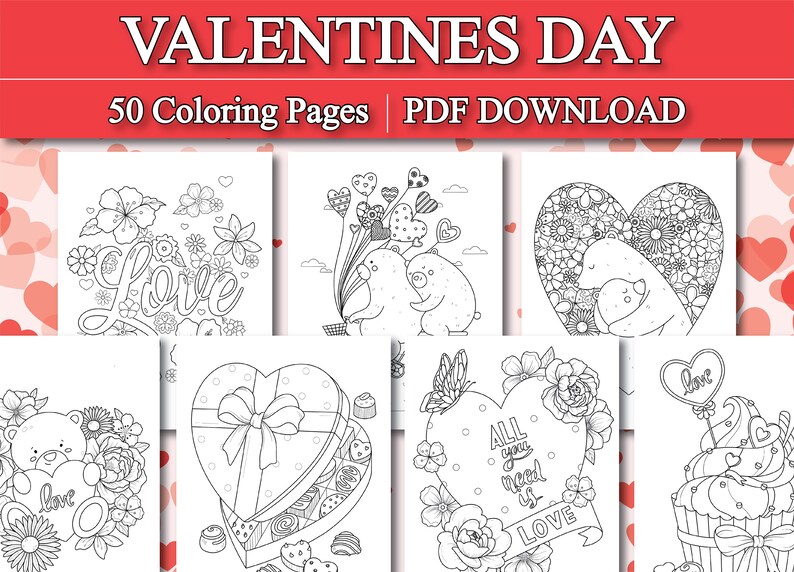 May include: A set of 50 black and white Valentine's Day colouring pages featuring cute bears, hearts, flowers, and other romantic designs. The pages are perfect for adults and children who enjoy colouring.