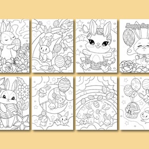 May include: Eight black and white coloring pages featuring cute bunnies with Easter eggs, flowers, and rainbows.  The text "Happy Easter" is on one of the pages.