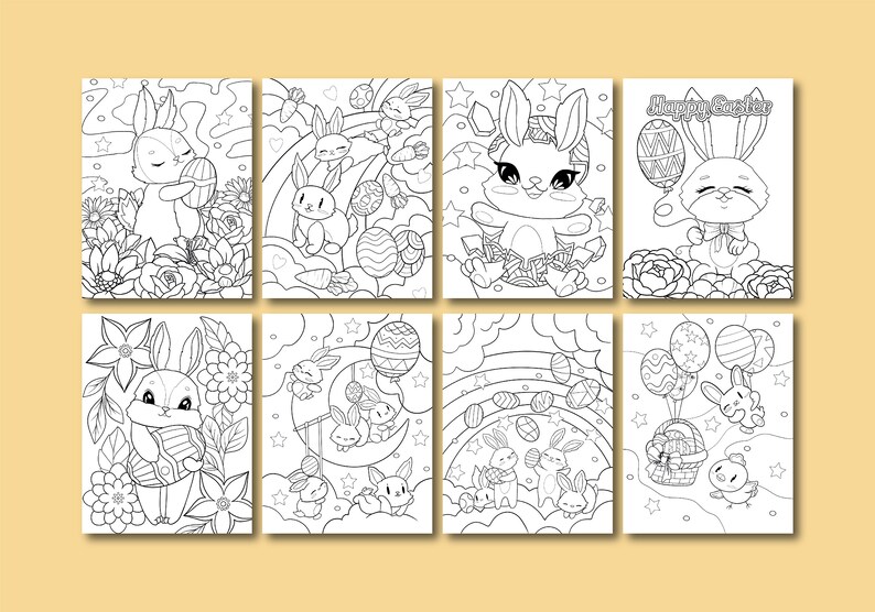 May include: Eight black and white coloring pages featuring cute bunnies with Easter eggs, flowers, and rainbows.  The text "Happy Easter" is on one of the pages.