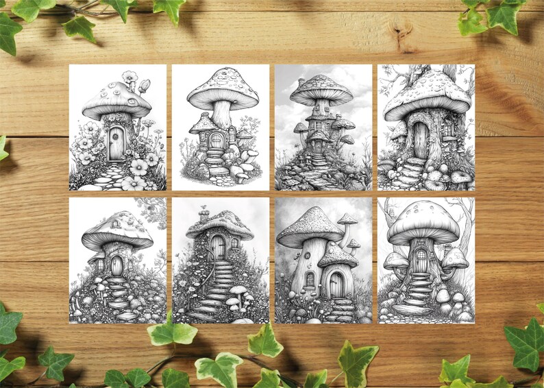 Enchanted Mushroom House Coloring Pages: 30 Grayscale Designs ...