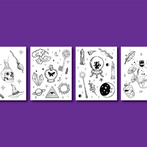 May include: Four black and white illustrations on a purple background. Each illustration features a collection of mystical and occult symbols, including a skull, a crystal, a potion bottle, a crescent moon, a key, a wand, a sun, a cloud, a feather, a bat, a witch's hat, a knife, a candle, a crystal ball, a plant, and a mushroom.