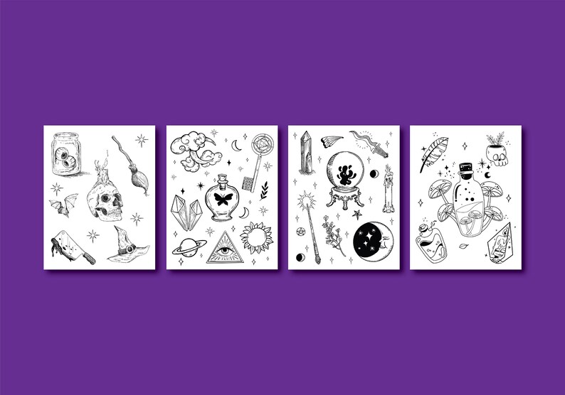 May include: Four black and white illustrations on a purple background. Each illustration features a collection of mystical and occult symbols, including a skull, a crystal, a potion bottle, a crescent moon, a key, a wand, a sun, a cloud, a feather, a bat, a witch's hat, a knife, a candle, a crystal ball, a plant, and a mushroom.