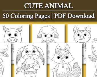 Kids Coloring Book:  Cute Animals Coloring Pages for Kids, Teens, Adults | 50 Digital Coloring Pages (PDF Download)
