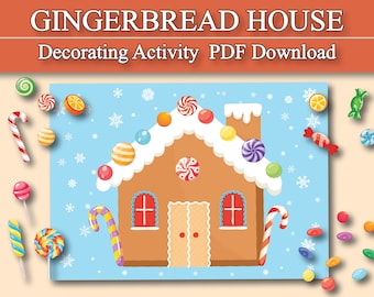 May include: A printable gingerbread house decorating activity. The image shows a gingerbread house with a white roof and red windows. The house is surrounded by various candies, including lollipops, candy canes, and gumdrops.