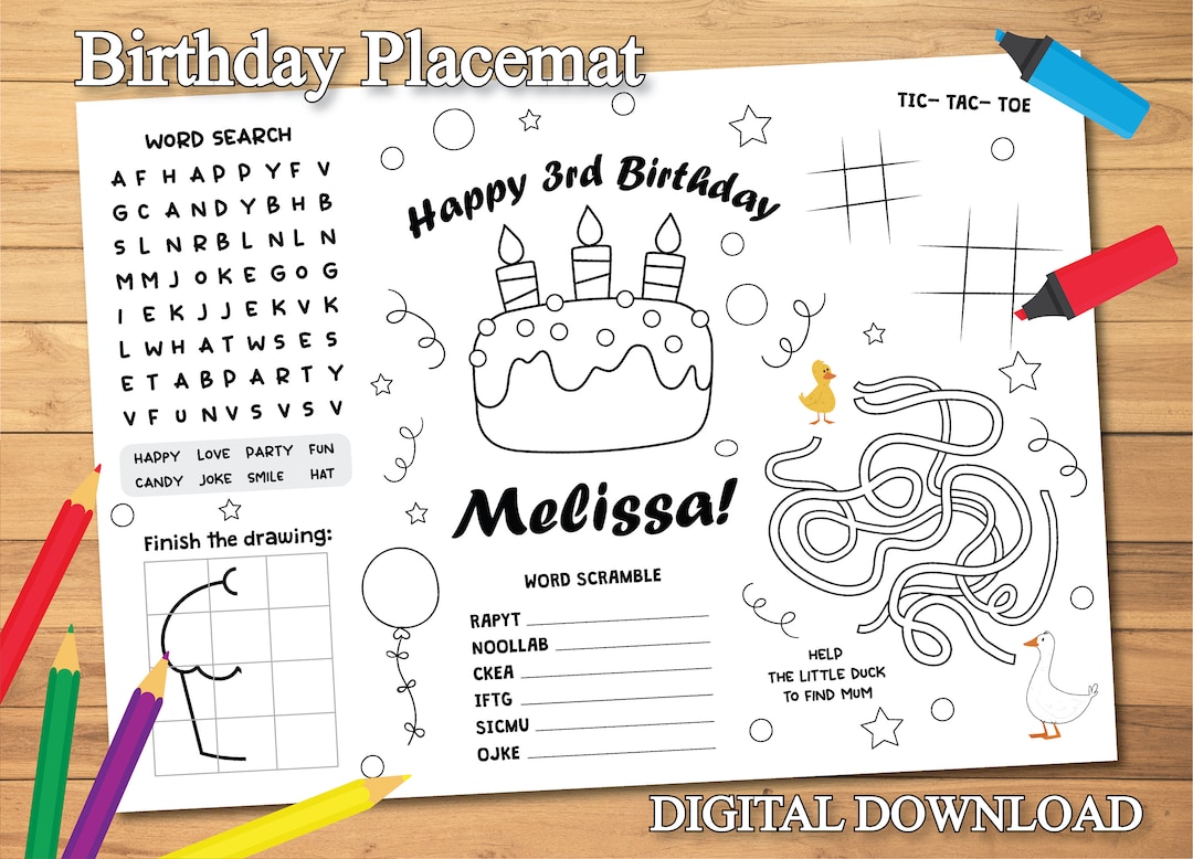 Printable Birthday Placemat, Kids Activity Table Mat, Birthday Coloring