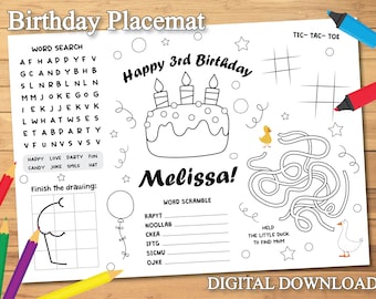 Printable Birthday Placemat, Kids Activity Table Mat, Birthday Coloring Placemat, Birthday Craft Activity Page, Printable Placemat