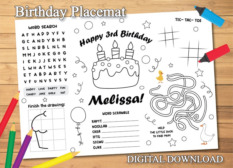 Printable Birthday Placemat, Kids Activity Table Mat, Birthday Coloring ...