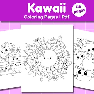 May include: A black and white coloring page featuring a cute cartoon sun surrounded by flowers and a bee. The page is part of a set of 45 kawaii coloring pages.