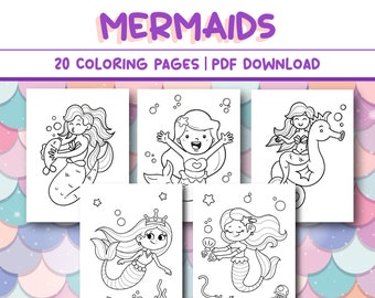 Kids Coloring Page: Cute Mermaid Coloring Page, 20 Pages Coloring Book for Kids DIGITAL DOWNLOAD