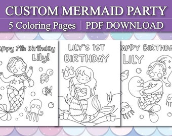 Personalized Mermaid Birthday Coloring Pages for Kids, Mermaid Themed Birthday Party Coloring