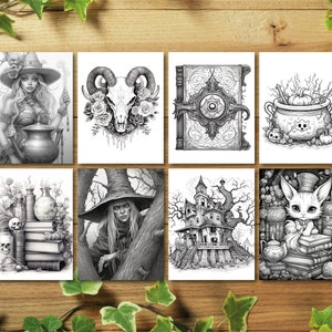 Puede incluir: Un conjunto de ocho ilustraciones en blanco y negro con varios temas de Halloween, que incluyen una bruja, una calavera, un libro, un caldero, una botella de poci&oacute;n, una casa encantada y un gato.
