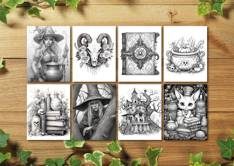 Puede incluir: Un conjunto de ocho ilustraciones en blanco y negro con varios temas de Halloween, que incluyen una bruja, una calavera, un libro, un caldero, una botella de poci&oacute;n, una casa encantada y un gato.
