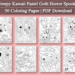 May include: A set of 50 coloring pages featuring creepy kawaii pastel goth horror spooky characters. The pages are in black and white and are ready to be colored.  Creepy Kawaii Pastel Goth Horror Spooky 50 Coloring Pages | PDF Download