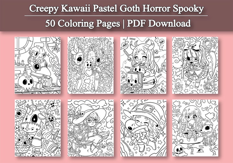 May include: A set of 50 coloring pages featuring creepy kawaii pastel goth horror spooky characters. The pages are in black and white and are ready to be colored.  Creepy Kawaii Pastel Goth Horror Spooky 50 Coloring Pages | PDF Download