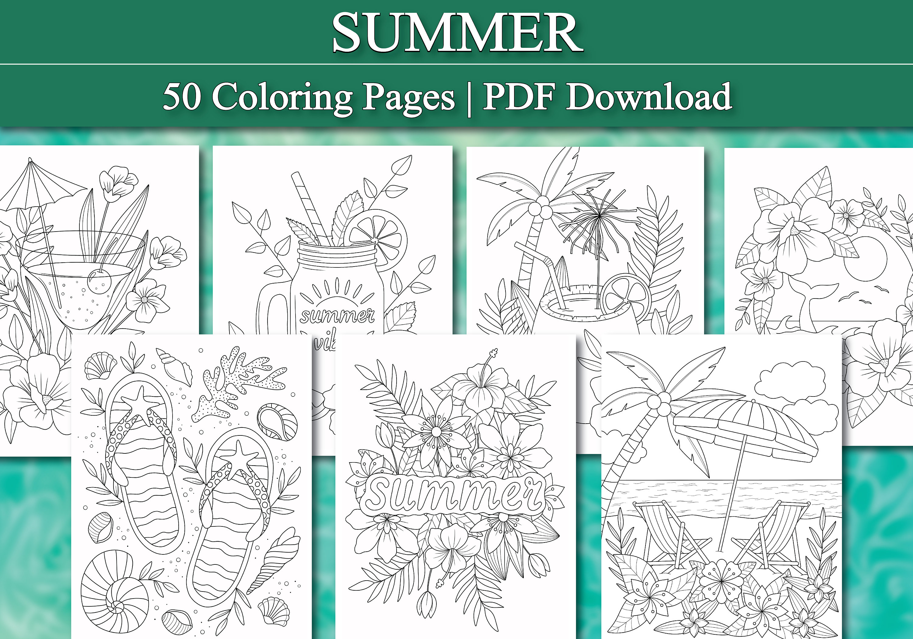 Libro de colorear de verano para adultos (PDF imprimible) – 50 páginas de playa, vacaciones y descanso
