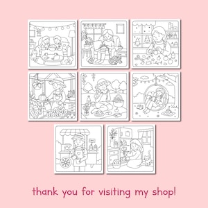 May include: Seven black and white colouring pages depicting scenes of people relaxing, such as knitting, gardening, and picnicking. The text "thank you for visiting my shop!" is at the bottom of the image. Ideal for adults and children.