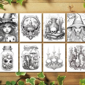 Puede incluir: Conjunto de ocho p&aacute;ginas para colorear imprimibles en blanco y negro que representan una bruja, una calavera, un frasco con champi&ntilde;ones, un frasco con una criatura, un caldero, velas y botellas de poci&oacute;n. Las p&aacute;ginas son perfectas para adultos y ni&ntilde;os que disfrutan coloreando.