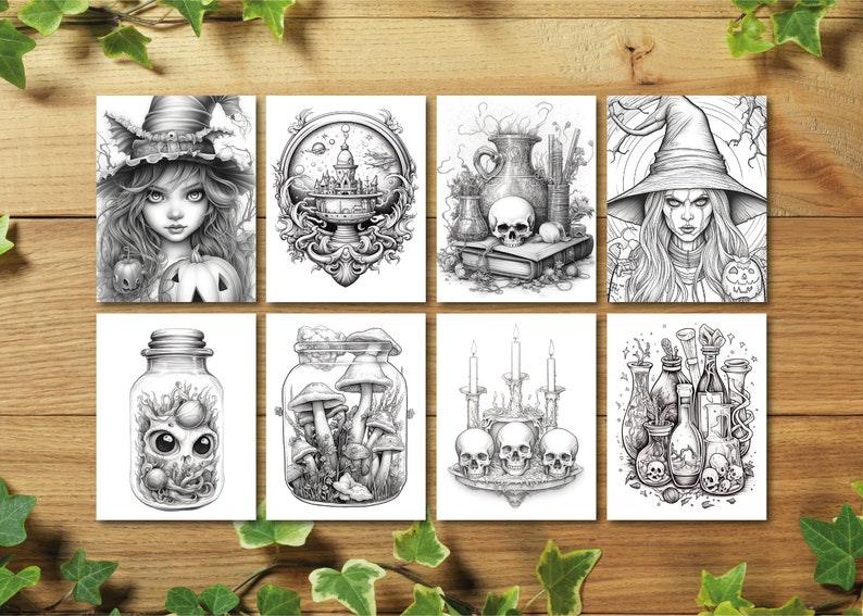 Puede incluir: Conjunto de ocho p&aacute;ginas para colorear imprimibles en blanco y negro que representan una bruja, una calavera, un frasco con champi&ntilde;ones, un frasco con una criatura, un caldero, velas y botellas de poci&oacute;n. Las p&aacute;ginas son perfectas para adultos y ni&ntilde;os que disfrutan coloreando.