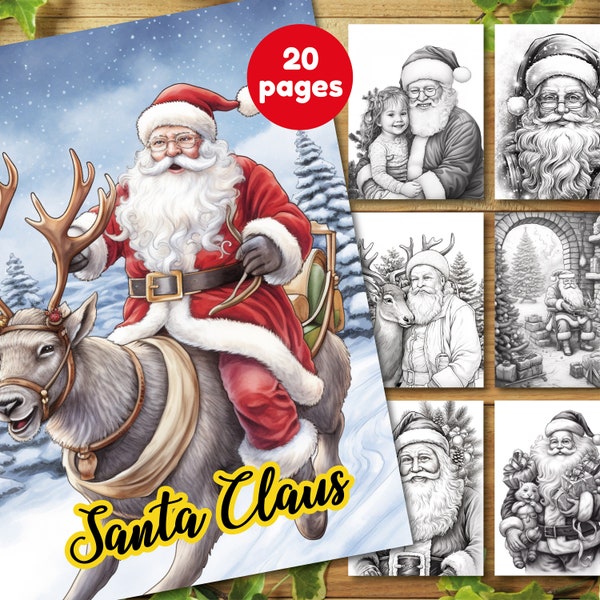 Santa Claus Coloring Pages, Christmas Coloring Pages, Grayscale Santa Coloring Pages, Santa Coloring Pages (Printable, PDF Download)