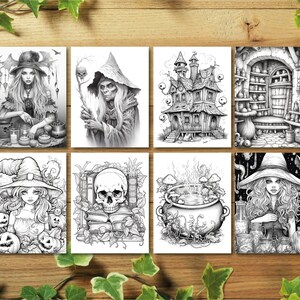 Puede incluir: Conjunto de ocho ilustraciones en blanco y negro con brujas, calaveras, pociones y otras im&aacute;genes de tem&aacute;tica de Halloween. Las ilustraciones son perfectas para libros para colorear, tarjetas de felicitaci&oacute;n u otros proyectos creativos.