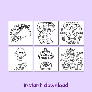 May include: A collection of six black and white Halloween-themed illustrations. The images include a taco, toilet paper, a wreath, a ghost with a cat, a pumpkin spice latte, and cupcakes. The words "instant download" are at the bottom.