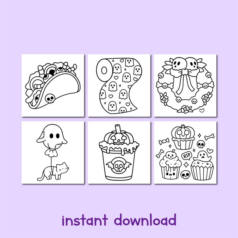 May include: A collection of six black and white Halloween-themed illustrations. The images include a taco, toilet paper, a wreath, a ghost with a cat, a pumpkin spice latte, and cupcakes. The words "instant download" are at the bottom.