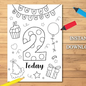 Téléchargement instantané de la carte d’anniversaire deux aujourd’hui, carte de coloriage imprimable joyeux anniversaire, carte de 2e anniversaire, carte de vœux à colorier
