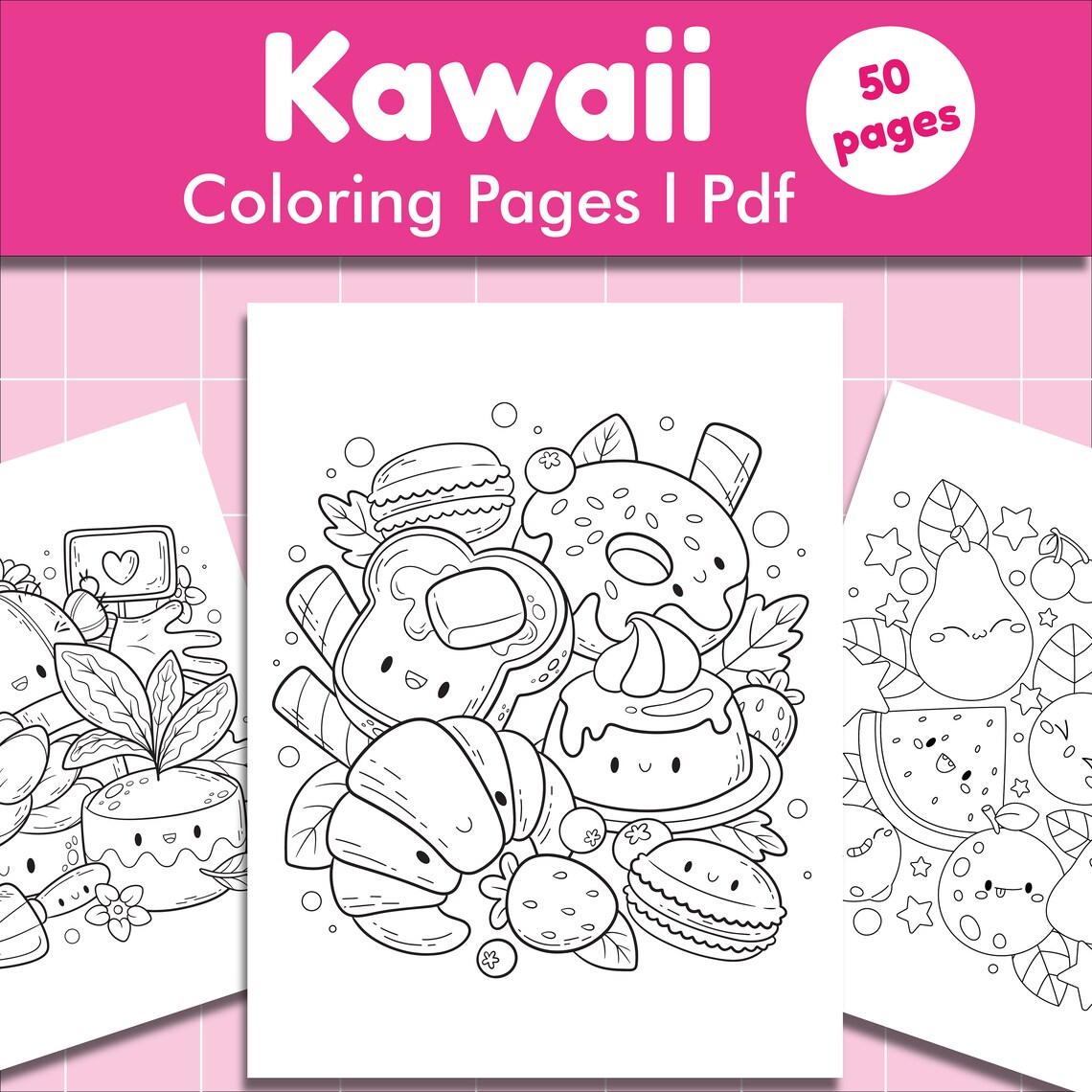 Kawaii Coloring Pages Cute Coloring Pages 50 Pages PDF Digital 