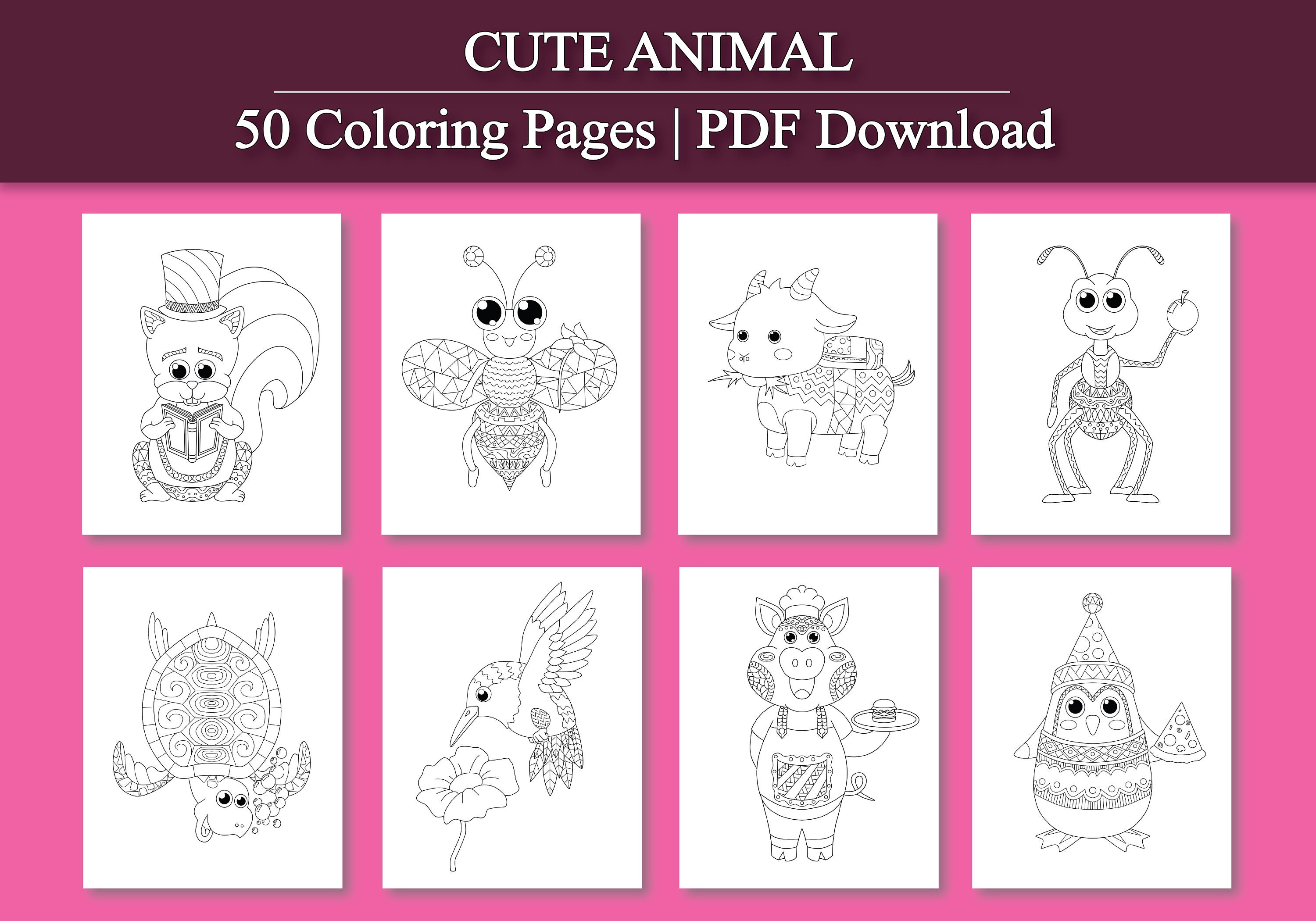 Kids Coloring Book: Cute Animal Coloring Pages | 50 Digital Coloring ...