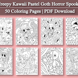 May include: A set of 50 black and white coloring pages featuring creepy kawaii pastel goth horror spooky characters. The pages are ready to be printed and colored.