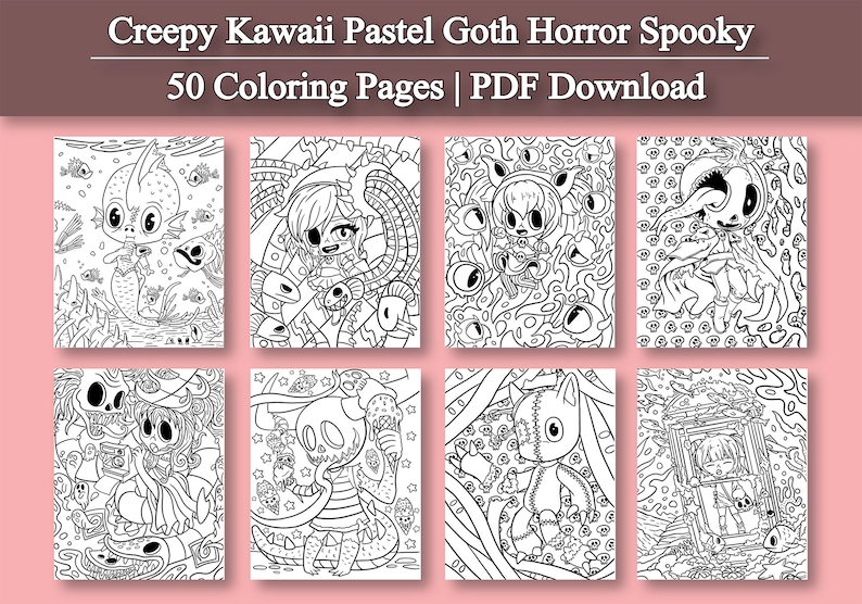 May include: A set of 50 black and white coloring pages featuring creepy kawaii pastel goth horror spooky characters. The pages are ready to be printed and colored.