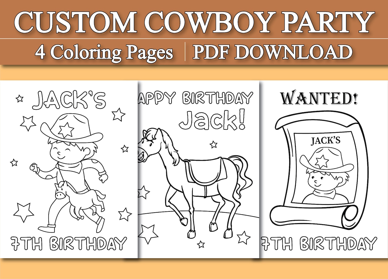Personalized Cowboy Party Coloring Pages, Custom Cowboy Birthday Party ...
