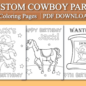 Personalized Cowboy Party Coloring Pages, Custom Cowboy Birthday Party Coloring Pages, Cowboy Happy Birthday Coloring Pages for Kids