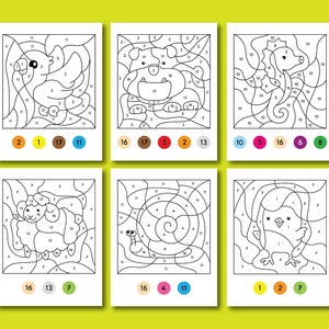 May include: Six printable colour-by-number activity sheets featuring various animals, including a flamingo, a hippopotamus, a seahorse, a sheep, a snail, and a chick. Each sheet includes a numbered colour palette and a black and white outline of the animal to be coloured in.