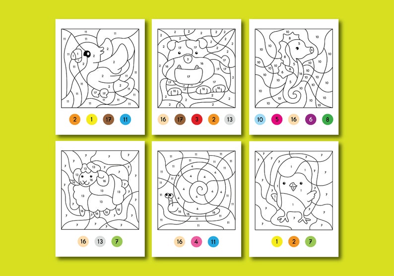 May include: Six printable colour-by-number activity sheets featuring various animals, including a flamingo, a hippopotamus, a seahorse, a sheep, a snail, and a chick. Each sheet includes a numbered colour palette and a black and white outline of the animal to be coloured in.